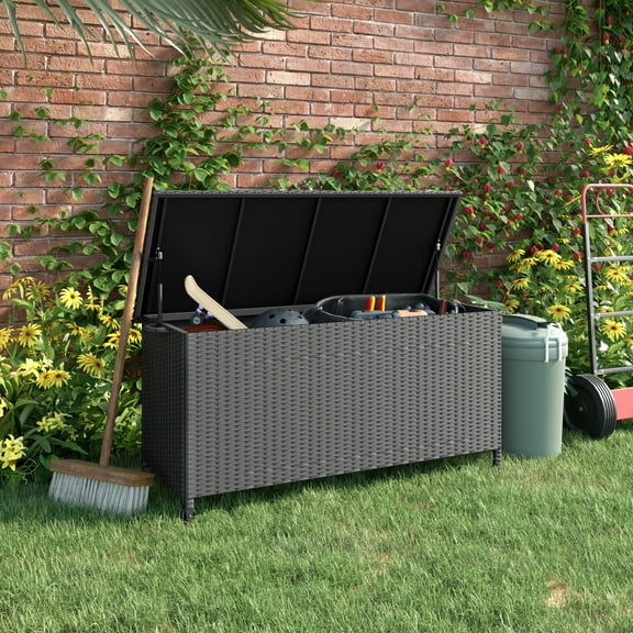 Grand Patio 108 Gallon Outdoor Wicker Storage Box with Lids & Wheels, Black