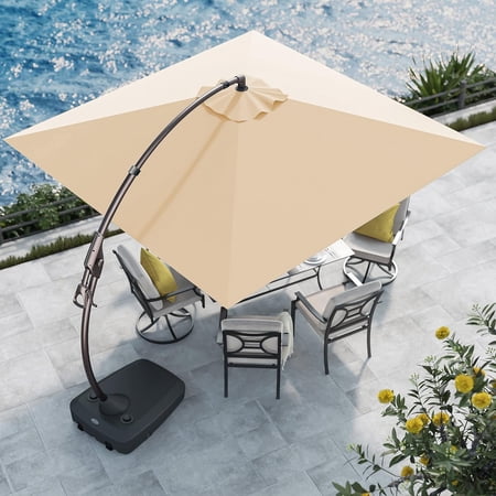 GRANDPATIO 10x10 ft Deluxe Cantilever Aluminium Offset Umbrella, Rectangular Patio Umbrella with Base, Champagne