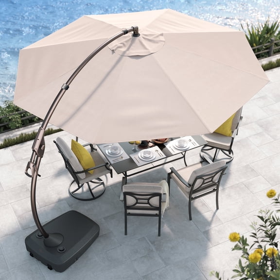 GRANDPATIO 11 ft Outdoor Patio Umbrella with Base, Curved Offset Cantilever Umbrella for Patio Pool Deck, Champagne