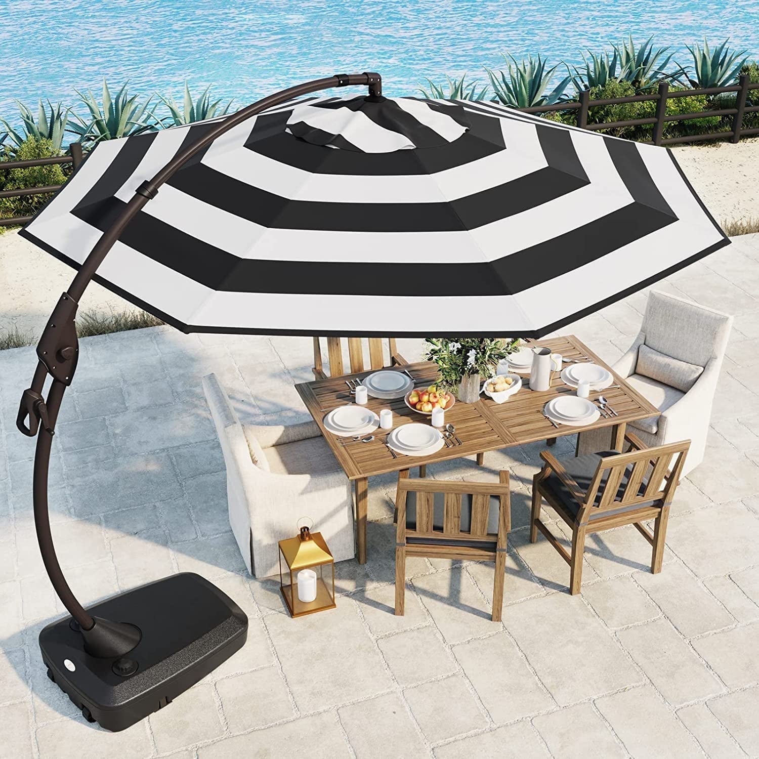 backyard creations 11 offset patio umbrella GRAND Patio 11 ft Outdoor Aluminum Cantilever Offset Umbrella with Base and Wheels, Black & White, Patio Pool Backyard