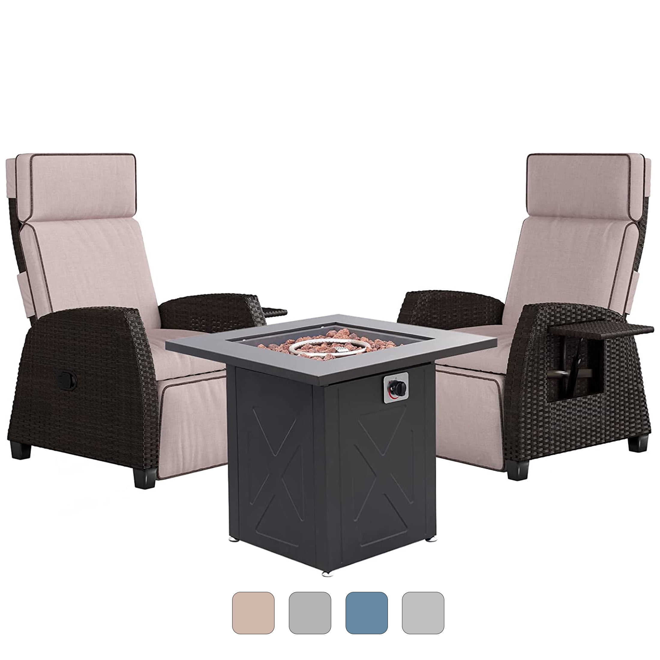 Grand Patio Recliner Wicker Chairs with Fire Pit Table