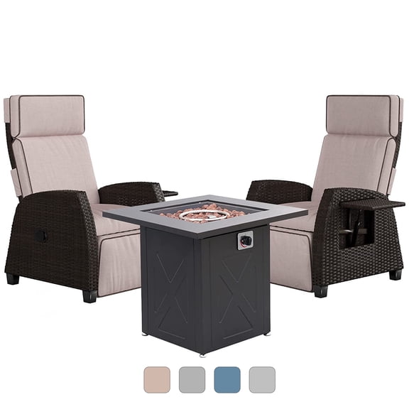 Grand Patio 2 Recliner Wicker Chairs with Steel Fire Pit Table Set for Garden Backyard, Flax