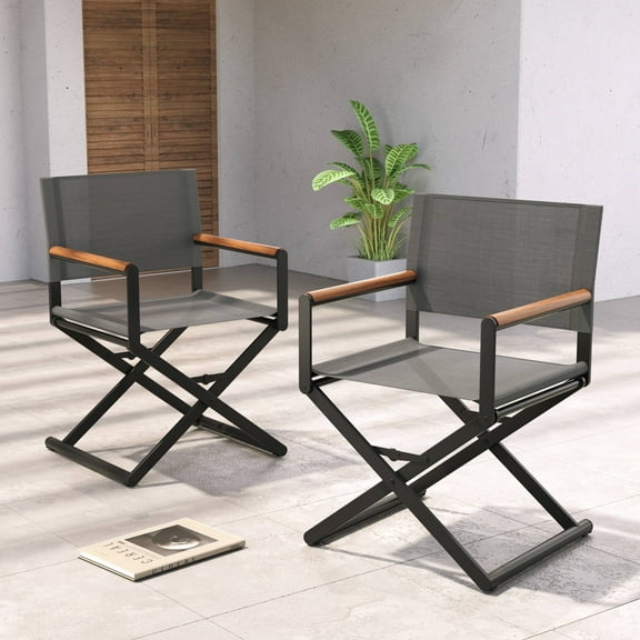 Grand Patio 22" Extra-Wide 2-Pack Directors Chairs, Foldable, Steel Frame, UV-Resistant Mesh, Wood Grain Armrests, Indoor/Outdoor, Black