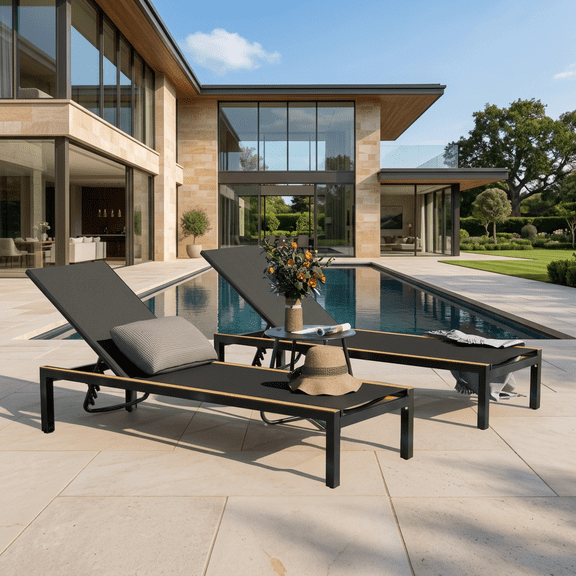 Grand Patio 2PCS Outdoor Chaise Lounge Set,4 Adjustable Reclining Positions, Poolside Beach, Black