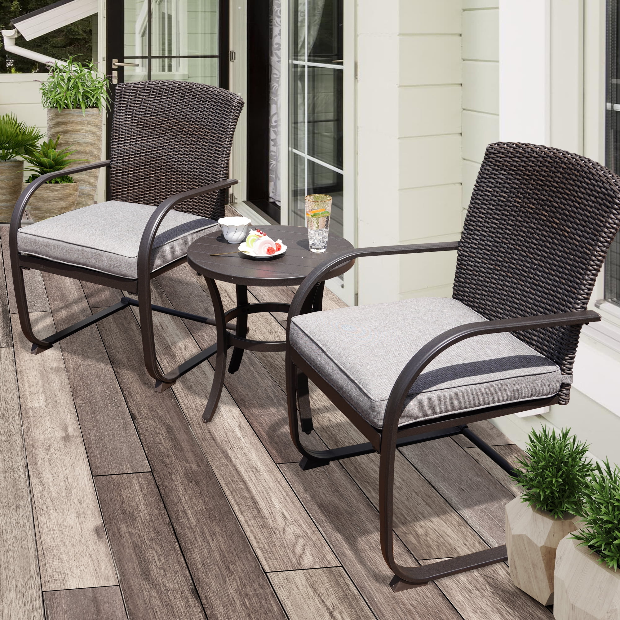 Grand Patio 3 Piece CSpring Bistro Set, Outdoor Patio Rocking Wicker