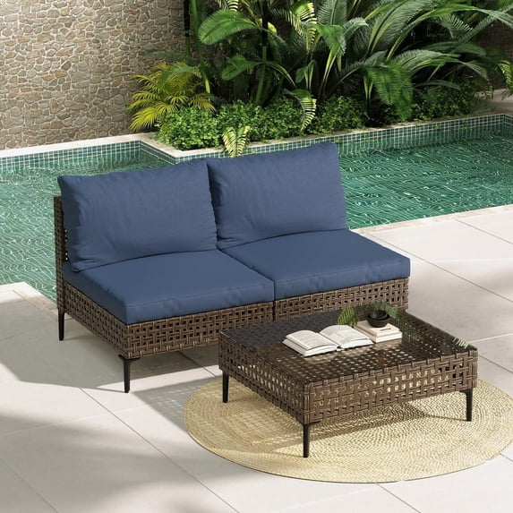 Grand Patio 3-Piece Wicker Patio Furniture Set, Retro Outdoor Conversation Set Sectional Sofa with Water Resistant Blue Thick Cushions and Coffee Table, Brown