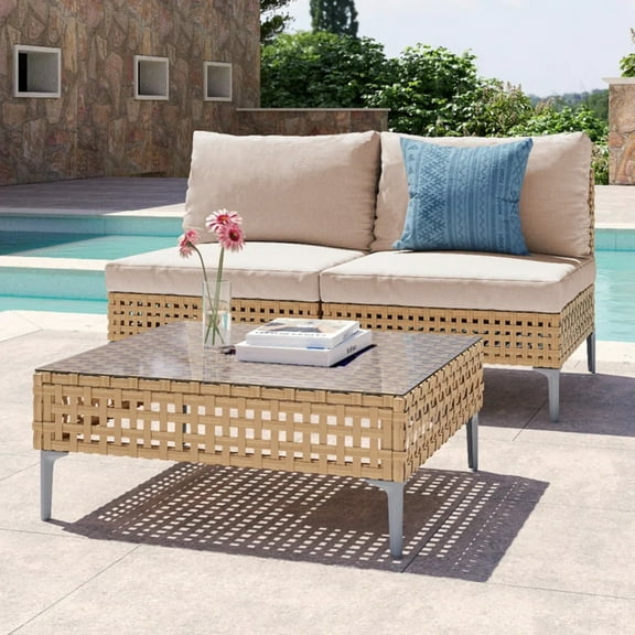 Grand Patio 3-Piece Wicker Patio Furniture Set, All Weather Outdoor Sectional Sofa with Water Resistant Beige Thick Cushions and Coffee Table, 2 People
