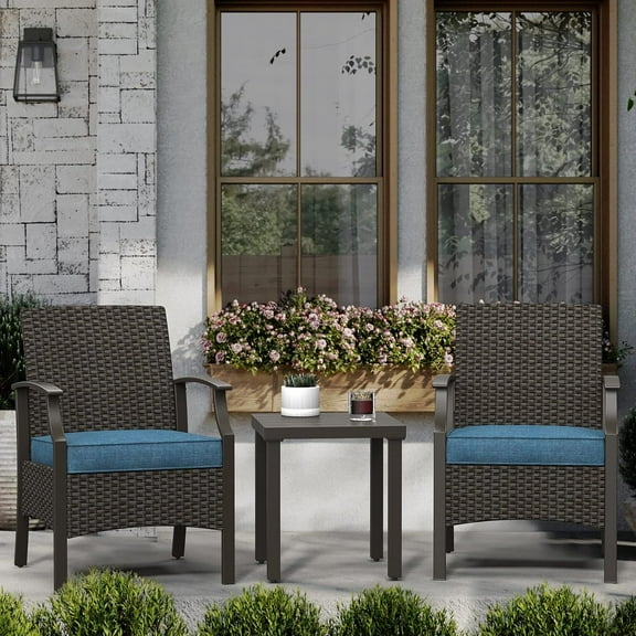 Grand Patio 3 Pieces Outdoor Furniture Set, Wicker Small Patio Set Rattan Bistro Table and Chairs for Front Porch Balcony Deck Outside, Peacock Blue