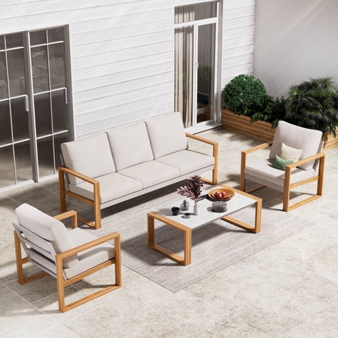 GRANDPATIO 5-Person Outdoor Conversation Set, Modern Aluminum Patio Furniture Set with Coffee Table, Beige & Natural