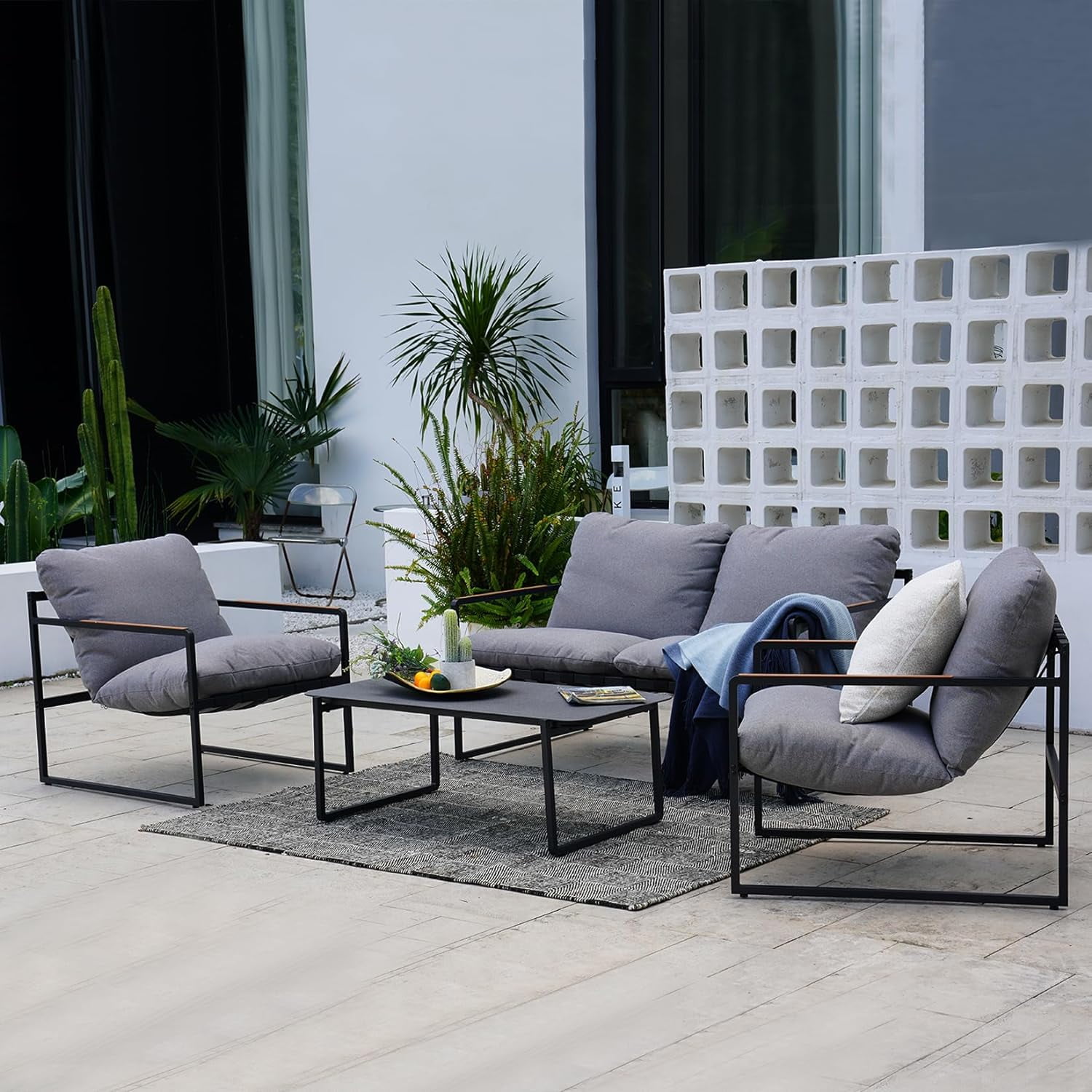 Grand Patio 4-Piece Outdoor Conversation Sofa, Patio Furniture Set with Cushion, Modern Metal Couch Loveseat Chairs and Coffee Table for Porch Deck Garden Balcony Backyard Living Room