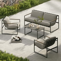 Grand Patio 4-Piece Outdoor Furniture Set, Modern Metal Patio Conversation Sofa with Cushion, Loveseat Chairs, Coffee Table