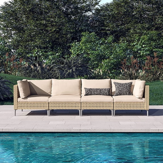 Grand Patio 4-Piece Wicker Patio Furniture Set, All-Weather Outdoor Sectional Sofa with Water Resistant Beige Thick Cushions (Coffee Table Not Included)
