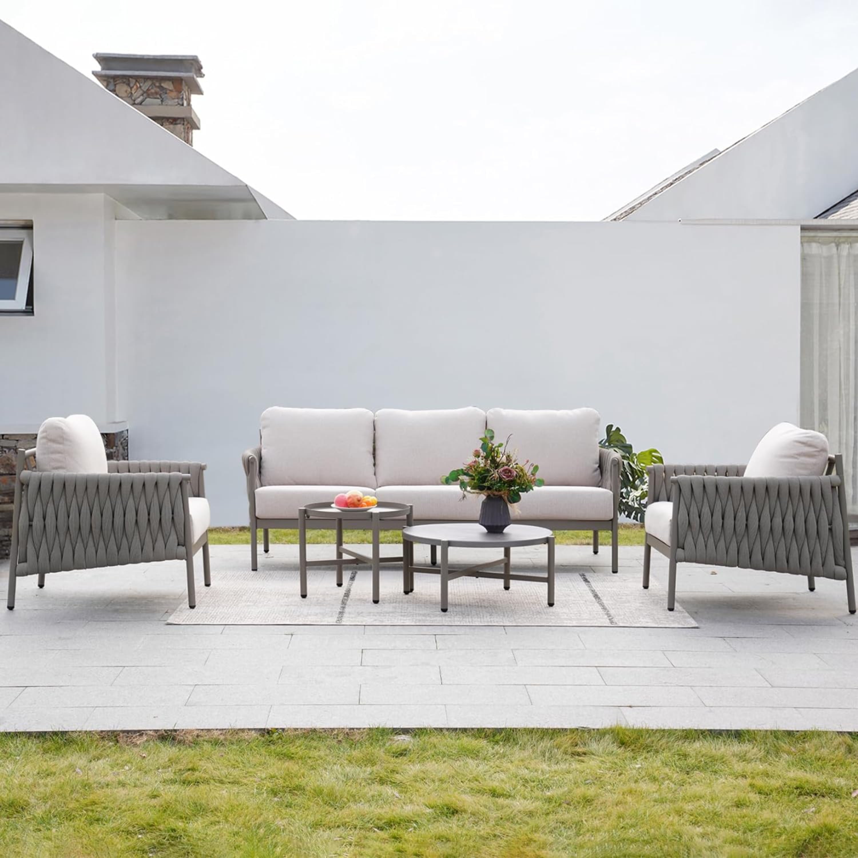 Walmart exclusive discounts  Grand Patio 5-Piece Outdoor Set, Cotton Rope, Deep Seating, Thick Cushions, Water-Resistant, 2 Coffee Tables