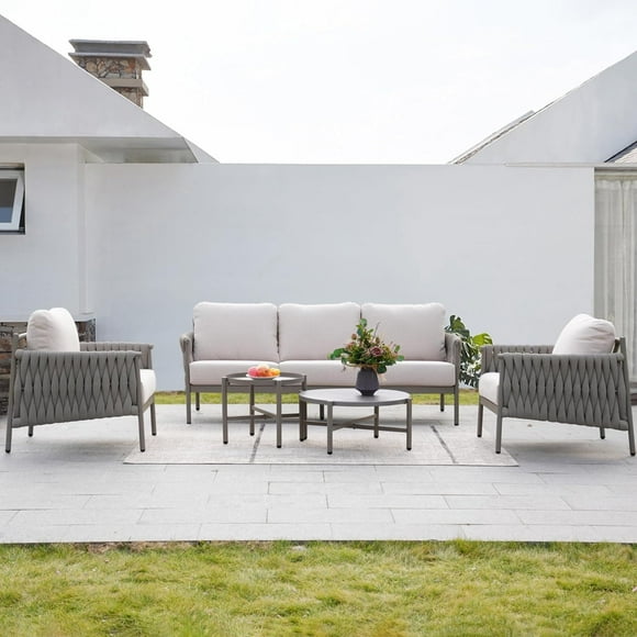 GRANDPATIO 5-Piece Furniture Set, Cotton Rope Outdoor Conversation Set with Deep Seating, Thick Cushions, Water-Resistant, 2 Coffee Tables, Backyard/Porch