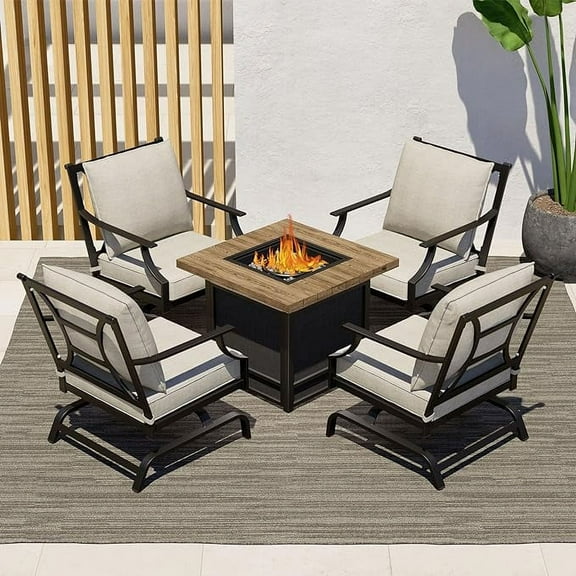 Grand Patio 5-Piece Patio Furniture Set with Fire Pit Table Rocking Patio Chairs Set of 4, Outdoor Conversation Sets for Deck, Garden, Steel Frame with Cushions, Gray