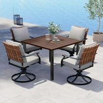 Grand Patio 5-Piece Outdoor Dining Set, 4 Steel Leather-Look Resin Wicker Swivel Patio Chairs & 1 Square Woodgrain Dining Table, Brown