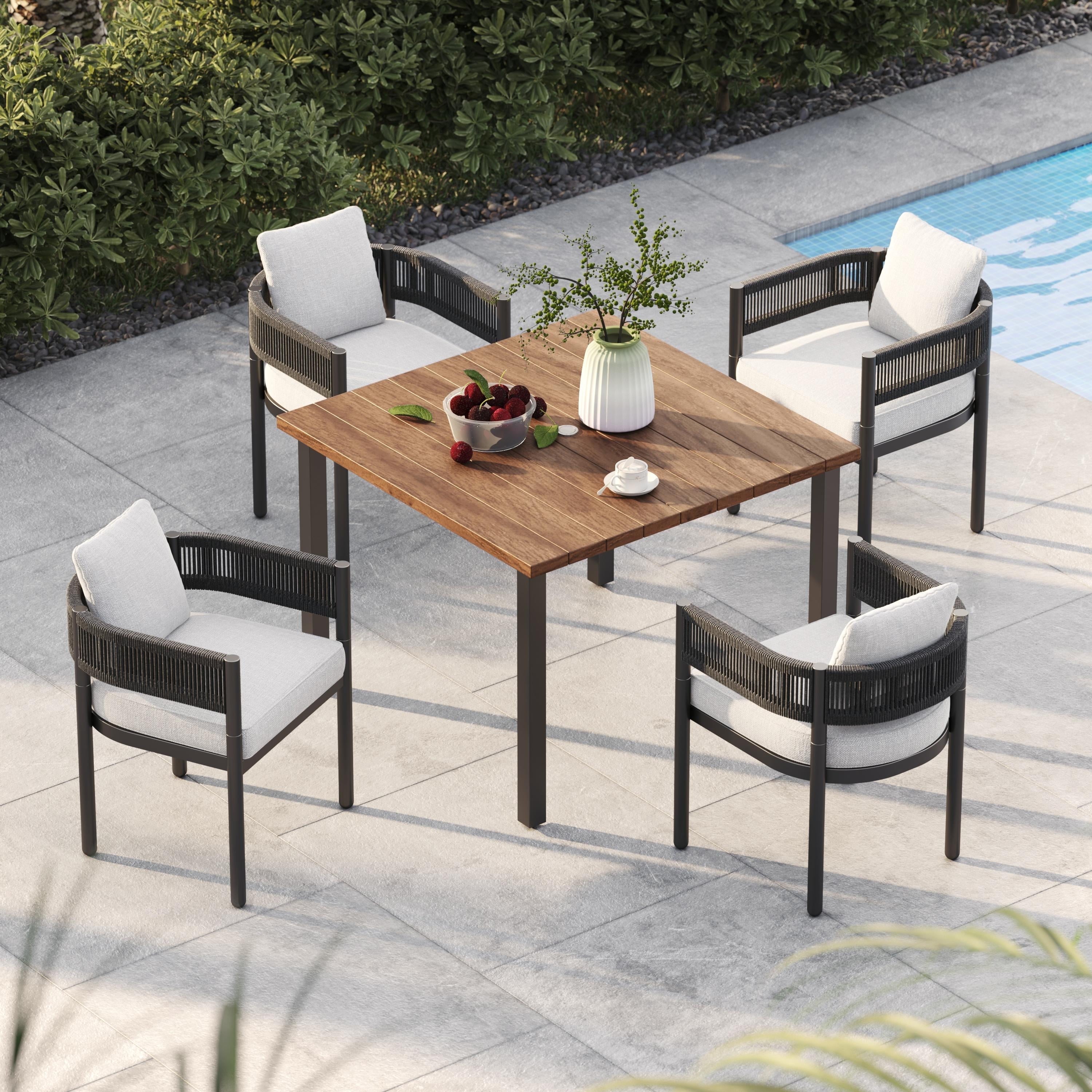 Grand Patio 5-Piece Outdoor Dining Set for 4 People, 4 Steel Woven Wicker Chairs & 1 Square Woodgrain Dining Table for Backyard, Deck