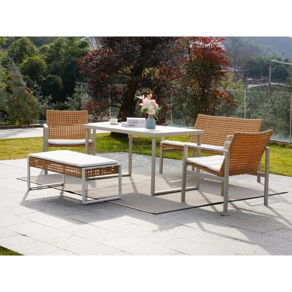 Grand Patio Bromma Adult 5 Piece Steel Dining Set with Bench and Seat Cushion, Beige/Beige