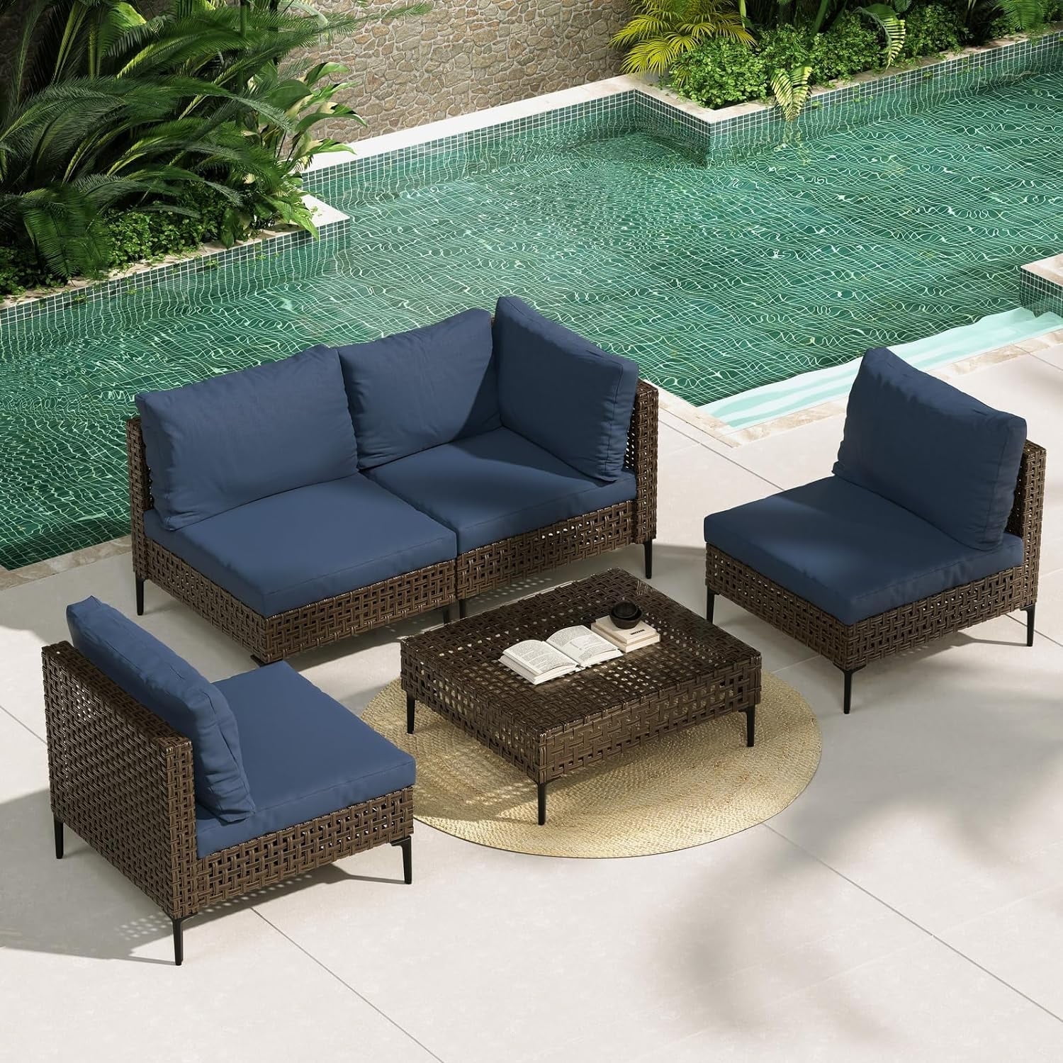 Grand Patio 5-Piece Wicker Patio Furniture Set, Retro Outdoor Conversation Set Sectional Sofa with Water Resistant Blue Thick Cushions and Coffee Table, Brown