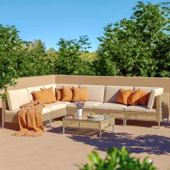 Grand Patio 7-Piece Open Weave Wicker Patio Furniture Set, Boho Outdoor Conversation Set with Thick Cushions and Coffee Table, Beige