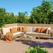 Grand Patio 7-Piece Open Weave Wicker Patio Furniture Set, Boho Outdoor Conversation Set with Thick Cushions and Coffee Table, Beige