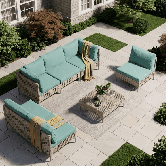 Grand Patio 7-Piece Open Weave Wicker Patio Furniture Set, Boho Outdoor Conversation Set with Thick Cushions and Coffee Table, Blue