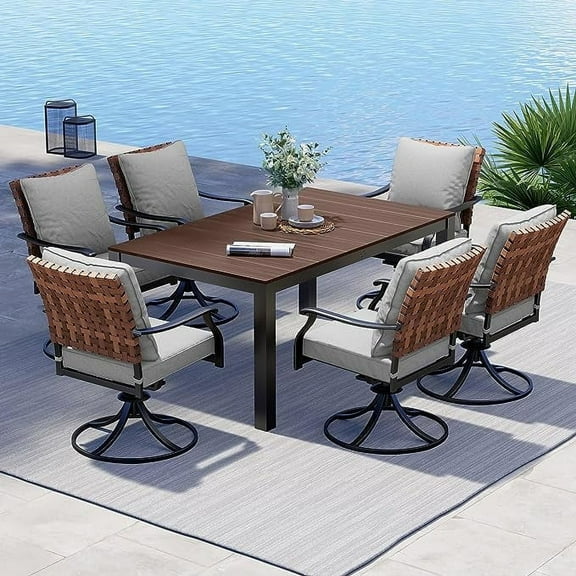 Grand Patio 7-Piece Outdoor Dining Set: 6 Swivel Chairs & 1 Rectangular Woodgrain Table, Brown