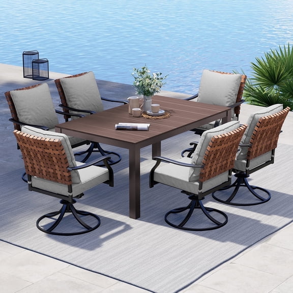 Grand Patio 7-Piece Outdoor Dining Set: 6 Swivel Chairs & 1 Rectangular Woodgrain Table, Dark Brown