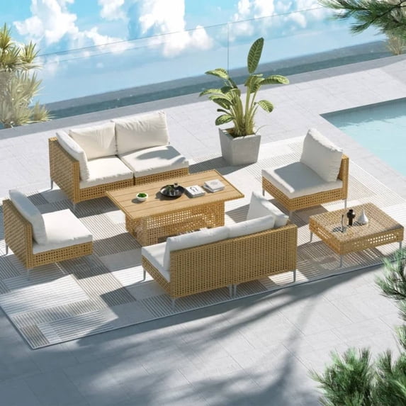 Grand Patio 8-Piece Wicker Outdoor Conversation Set, Sectional Sofa with Thick Cushions and Lift Top Coffee Storage Table, Beige