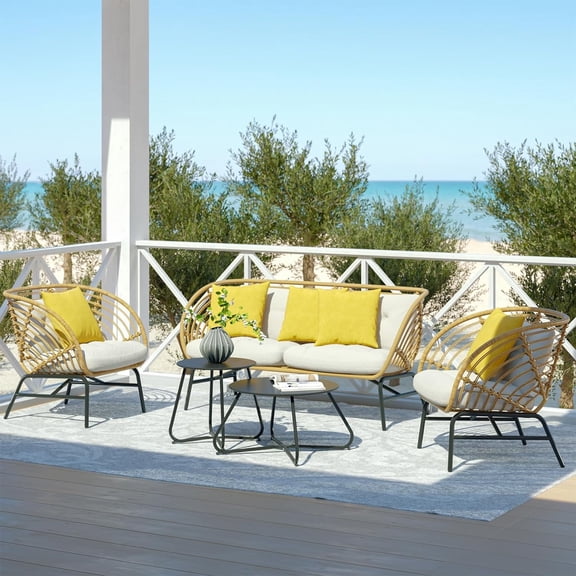 Grand Patio Boho 5-Piece Wicker Outdoor Conversation Sets with Loveseat and 2 Coffee Tables, Black/Beige