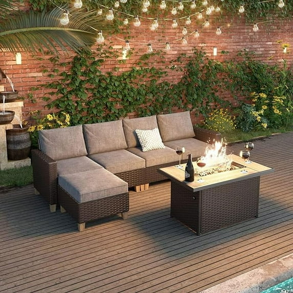 Grand Patio Couch Sofa Sets Outdoor Furniture Sets 6 Pieces Wicker Conversation Set, for Yard Garden Porch, Chairs and Ottoman, Beige&Brown