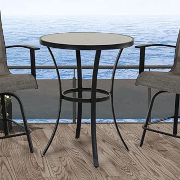 Grand Patio Counter Height Outdoor Round Bar Table with Ceramic Tile Top and Steel Frame, 27.95"(Dia) × 35.5''(H), Black