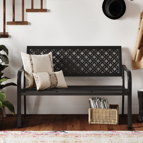 GRANDPATIO Metal Outdoor Bench, Decorative Geometric Back, Weather-Resistant, Modern Style Patio Bench, Black