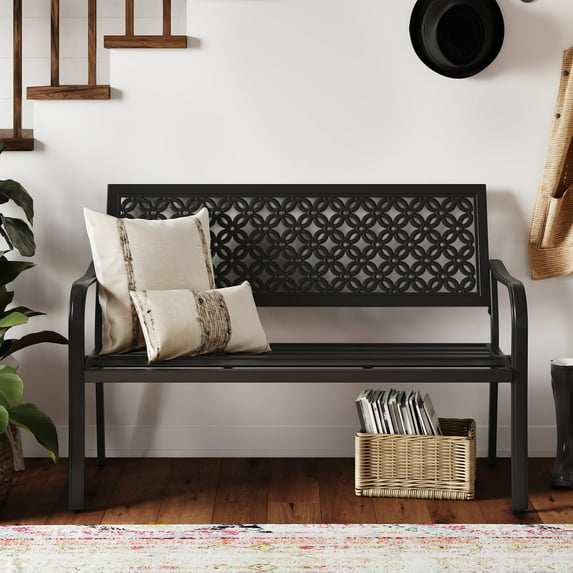 GRANDPATIO Metal Outdoor Bench, Decorative Geometric Back, Weather-Resistant, Modern Style Patio Bench, Black