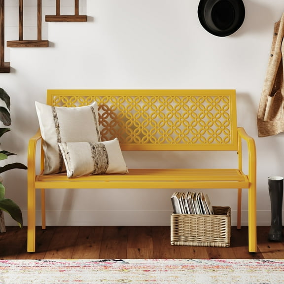GRANDPATIO Metal Outdoor Bench, Sunflower Yellow, Geometric Modern Patio Bench, Weather-Resistant, Yellow