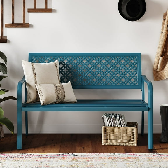 Grand Patio Teal Outdoor Bench, Decorative Metal Garden Patio Seat, Turquoise