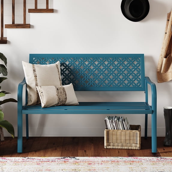 Grand Patio Teal Outdoor Bench, Decorative Metal Garden Patio Seat, Turquoise