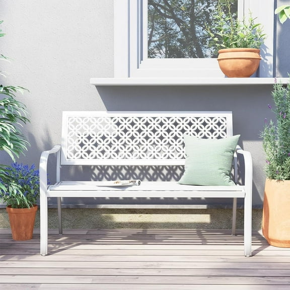 Grand Patio Decorative Metal Outdoor Bench, White