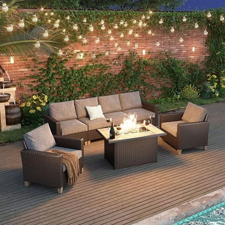 Grand Patio Fire Pit Patio Set, Wicker Furniture Sectional Sofa with Fire Pit Table, 6 Seats(7 PCS, Gray)