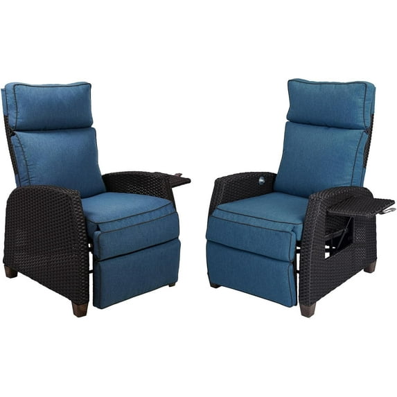 Grand Patio Indoor & Outdoor 150° Lay Flat Wicker Recliner Chair, Position Lock, Adjustable Headrest, 2PCS, Peacock Blue