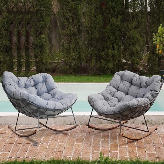 Grand Patio Outdoor 2-Piece Rocking Chairs, Oversized Padded Cushion Rocker Recliner for Porch, Gray