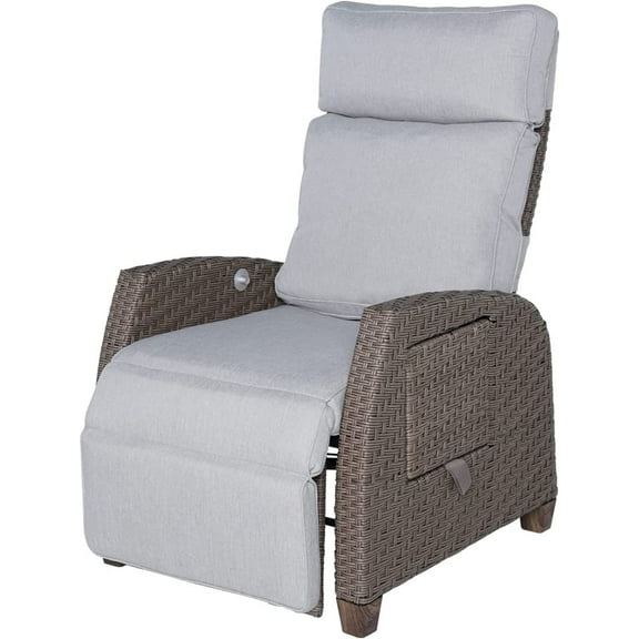 Grand Patio Indoor & Outdoor PE Wicker Patio Lounge Recliner with Flip Table, Mist Gray