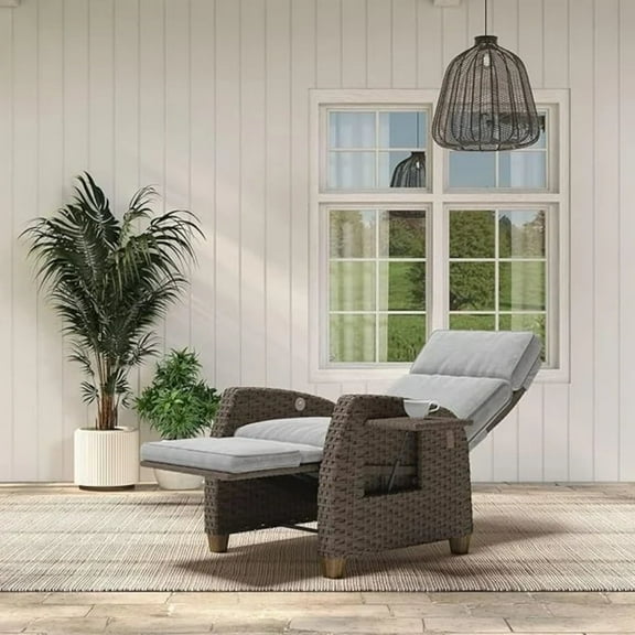 GRANDPATIO Patio Lounge PE Wicker Indoor and Outdoor Recliner with Flip Table, Mist Gray