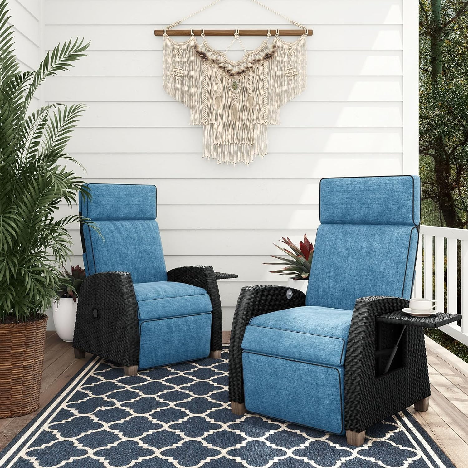 Peacock Blue Alloy Steel Wicker Recliner Chair with Cushions