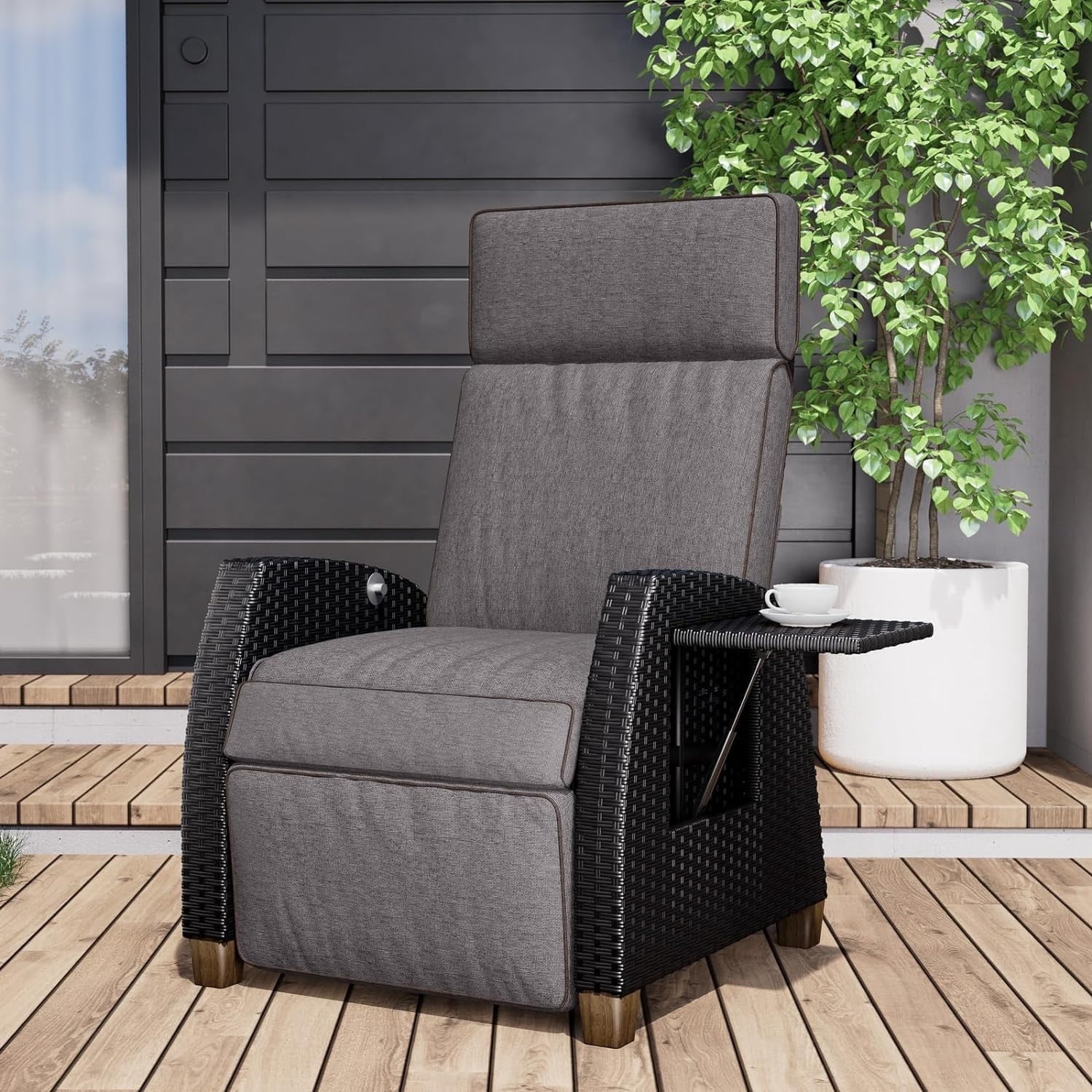 Grand Patio PE Wicker Indoor and  Outdoor 150° Lay Flat Recliner Chair , Gray