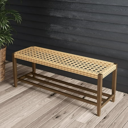Grand Patio Indoor & Outdoor Wicker Bench for Entryway Porch All-Weather Patio Bench w/ Shoe Storage Metal Frame Dining Bench, Natural Brown