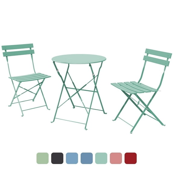 Grand Patio Metal 3-Piece Folding Bistro Table and Chairs Set, Outdoor Patio Dining Furniture for Small Spaces, Balcony, Mint Green