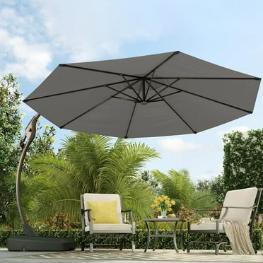 Grand Patio Napoli Sunbrella 12ft Round Canteliver Patio Umbrella with Base, Sunbrella Canvas Charcoal