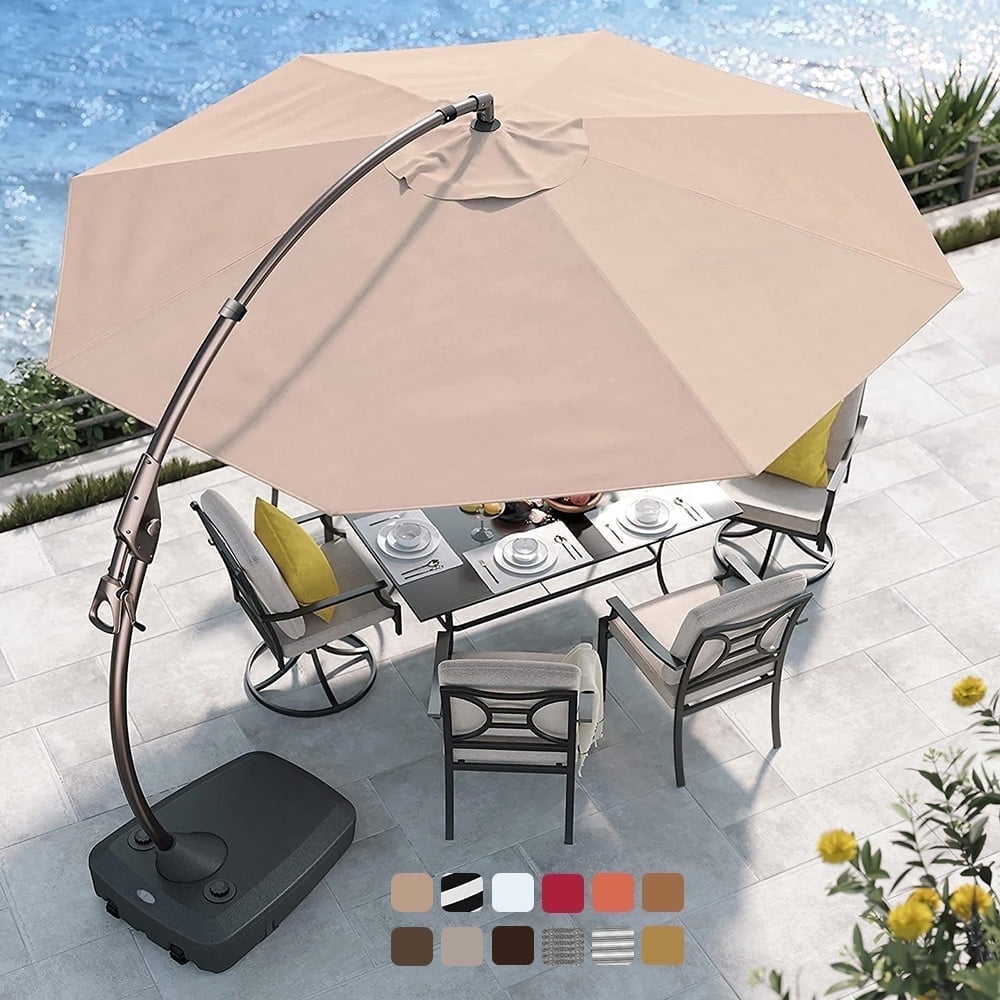 11 ft. led round offset outdoor patio umbrella in sunbrella GRAND Patio 11 ft Outdoor Patio Offset Cantilever Umbrella with Base, Curved Tilt Design, Polyester Fabric, Champagne