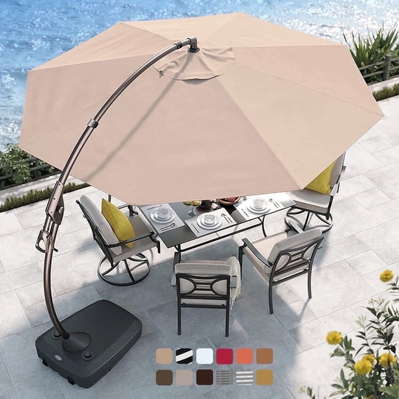 GRANDPATIO Napoli Sunbrella 12ft Round Canteliver Patio Umbrella with Base, Sunbrella Canvas Flax